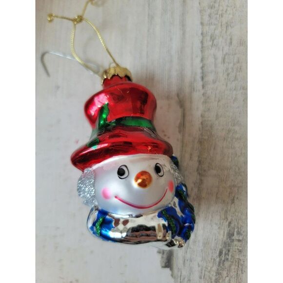 Snowman face glitter mistletoe blown glass ornament Xmas - Picture 1 of 9
